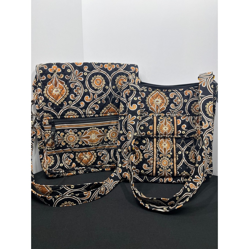 Vera Bradley Quilted Crossbody Bag Set Black Tan Paisley Hipster Messenger 2pc